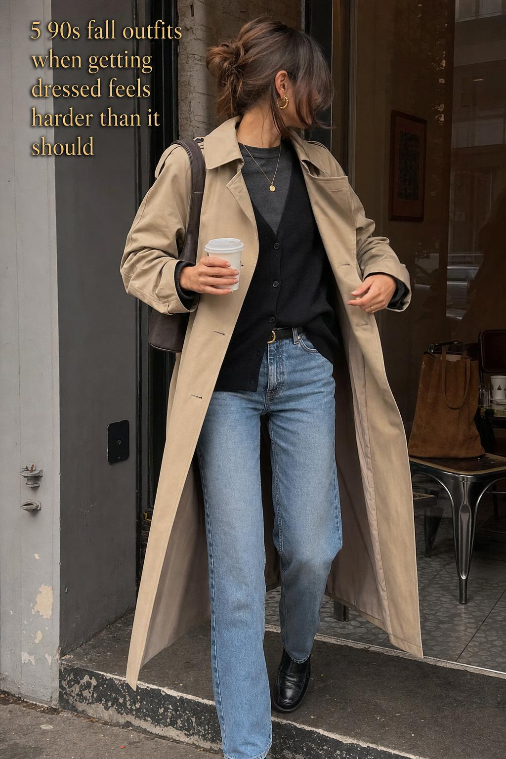 Candid city photo of woman in trench coat and jeans showcasing 90s fall outfits outside a neighborhood cafe