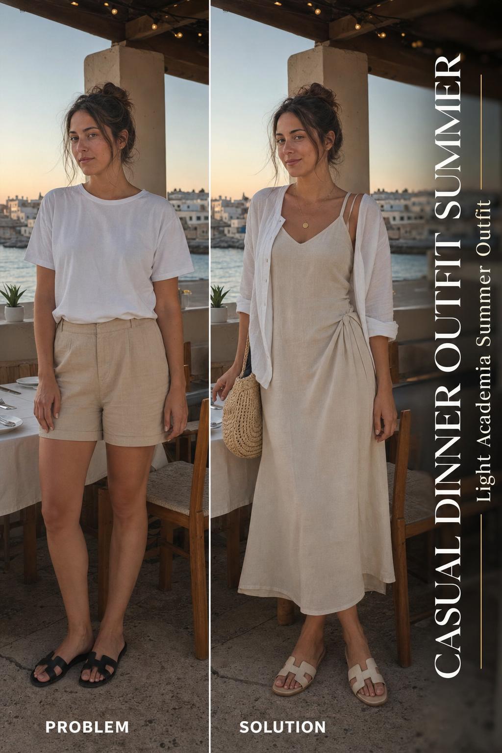 Casual dinner outfit summer before-and-after photo of the same woman on a sunset patio, showing styling upgrade side by side.