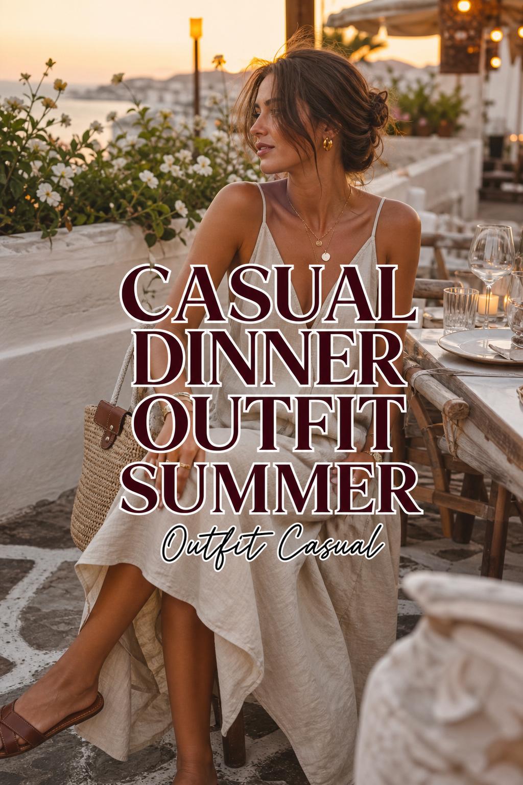Casual dinner outfit summer look on a woman in a linen dress at a golden hour patio dinner with candles and warm sunset light