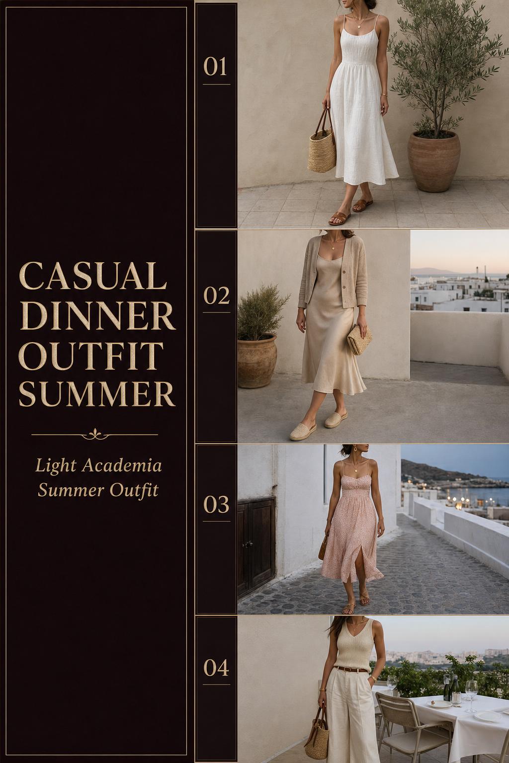 Casual dinner outfit summer checklist with four light academia-inspired looks in neutral tones, photographed full-body in real settings.