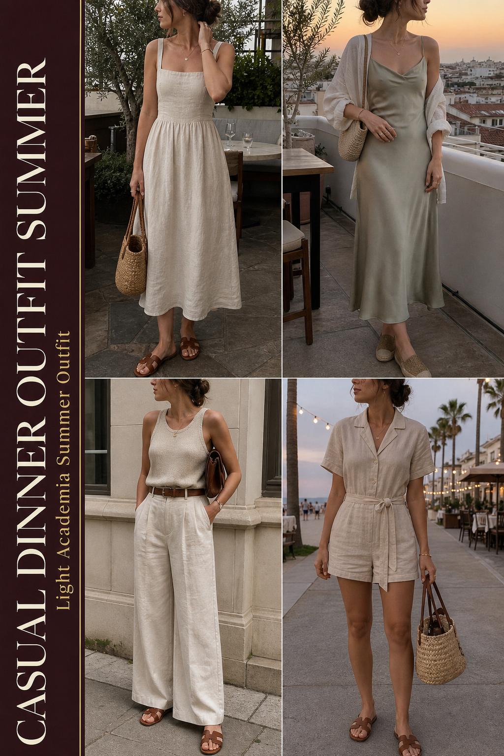 Casual dinner outfit summer outfit grid with four light academia-inspired neutral looks for warm evening dining