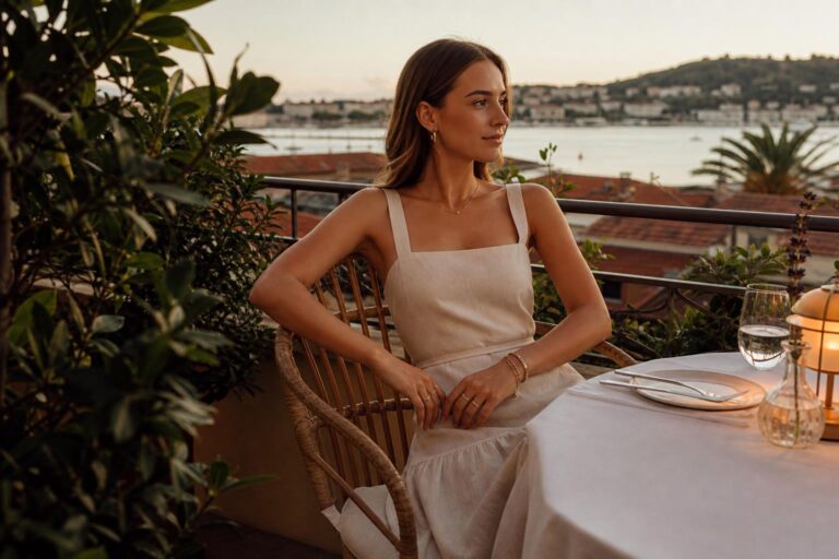 Casual dinner outfit summer with a linen midi dress, flat sandals, and woven bag on an outdoor patio at sunset