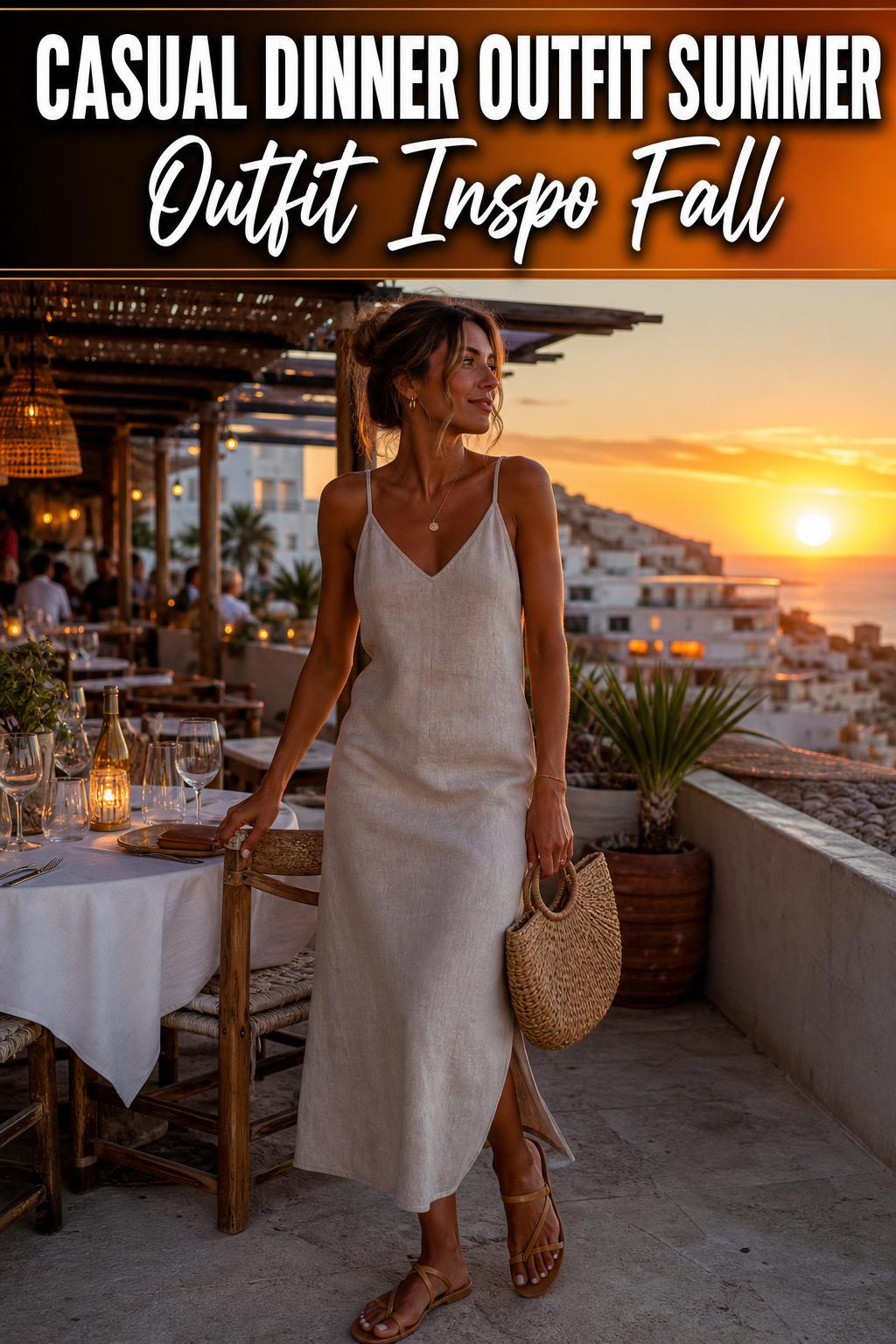 Casual dinner outfit summer look with a light linen shirt and tailored shorts in a warm evening setting