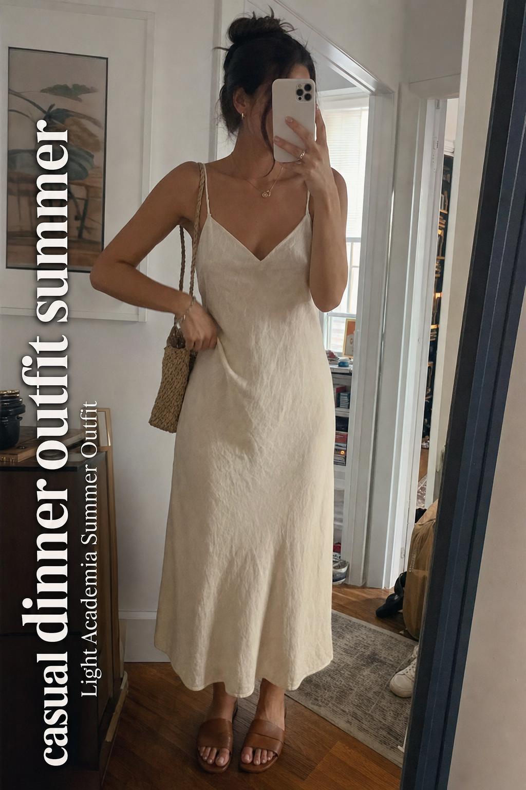 Casual dinner outfit summer mirror selfie in a messy apartment hallway, linen midi dress, sandals, woven bag, text overlay