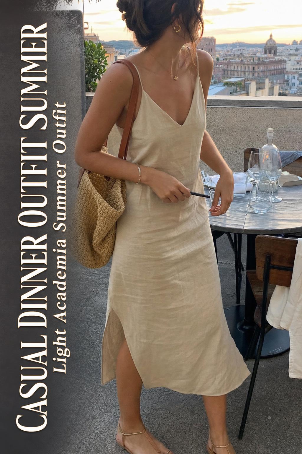 Woman walking at rooftop sunset in linen dress, casual dinner outfit summer with light academia neutrals and woven bag