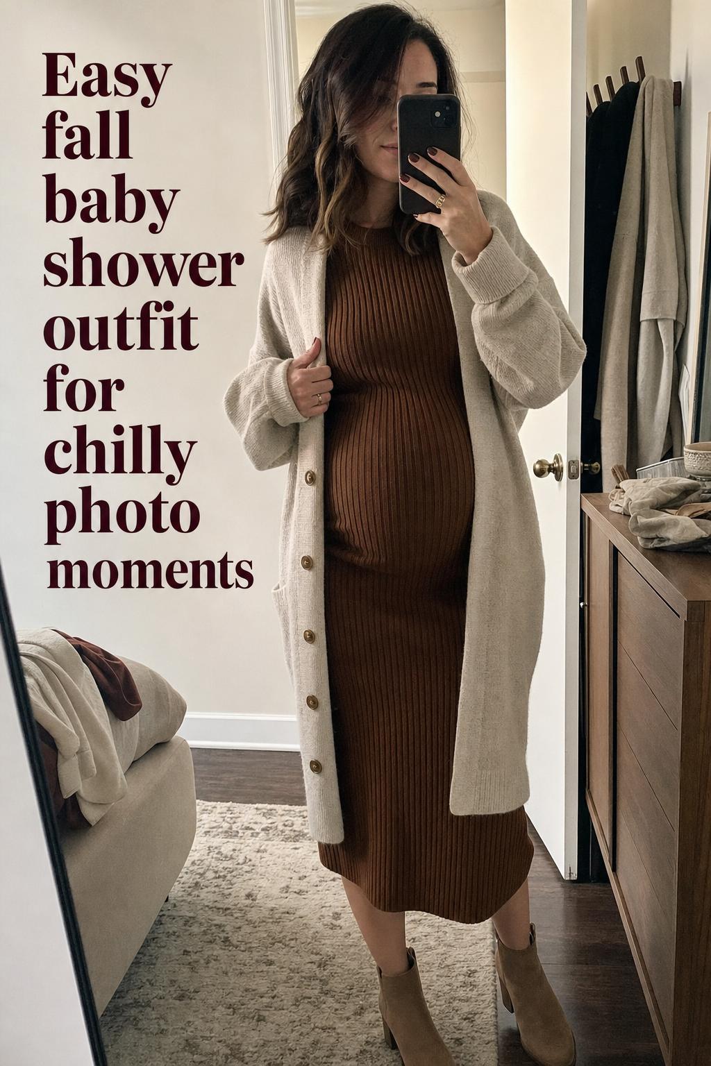 Mirror selfie of cozy knit dress and cardigan fall baby shower outfit in a lived-in apartment with warm window light