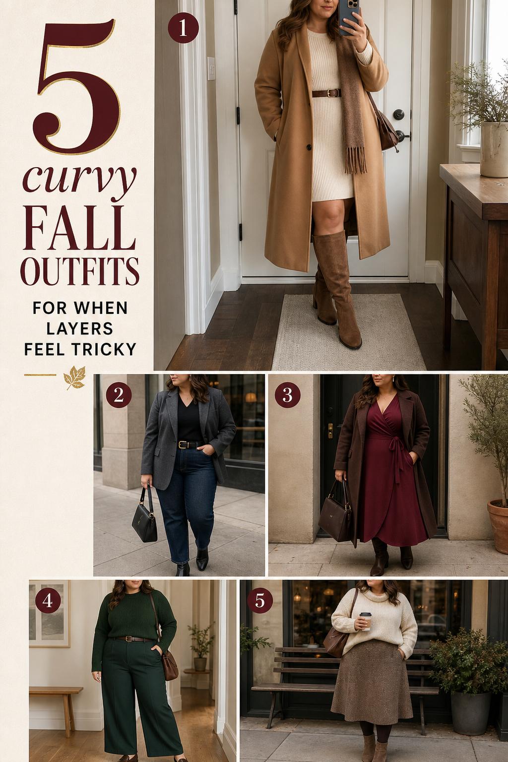 Curvy fall outfits outfit board with 5 layered looks in camel, charcoal, maroon, green, and cream in a clean Pinterest layout