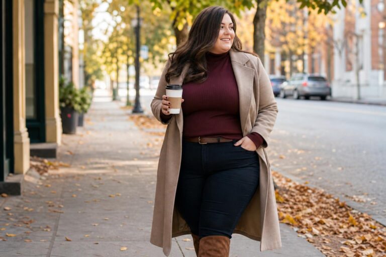 Curvy fall outfits with camel coat, ribbed knit, wide-leg pants, and suede ankle boots in warm neutral layers