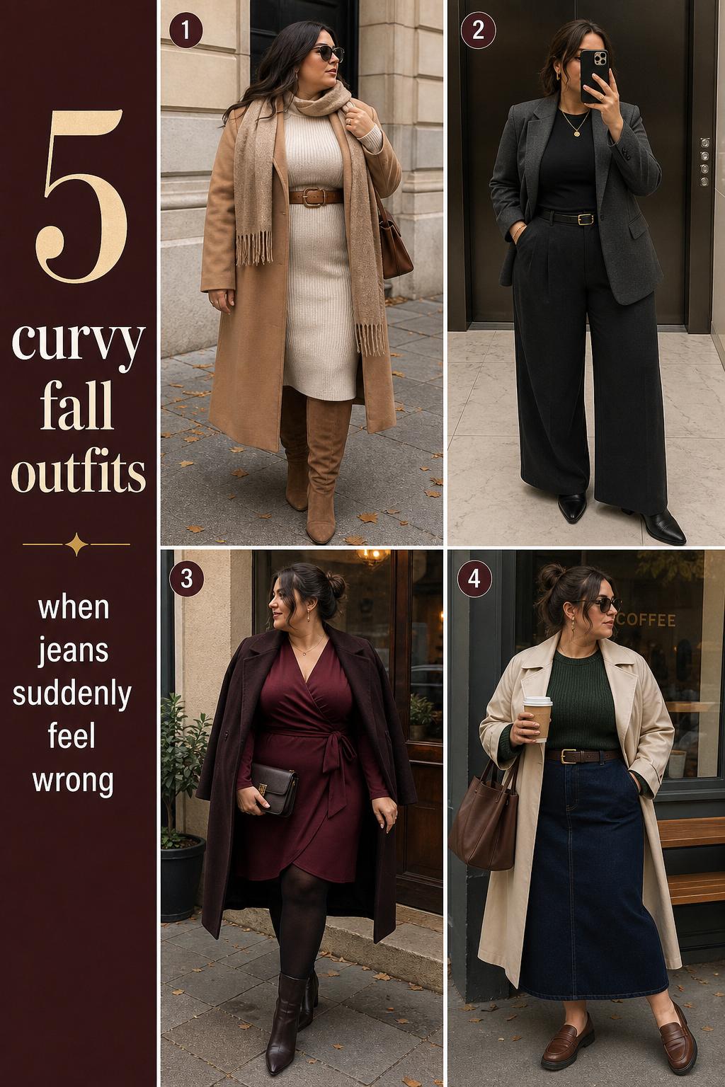 Curvy fall outfits collage featuring camel coat knit dress, charcoal blazer, maroon wrap dress, and green sweater layers