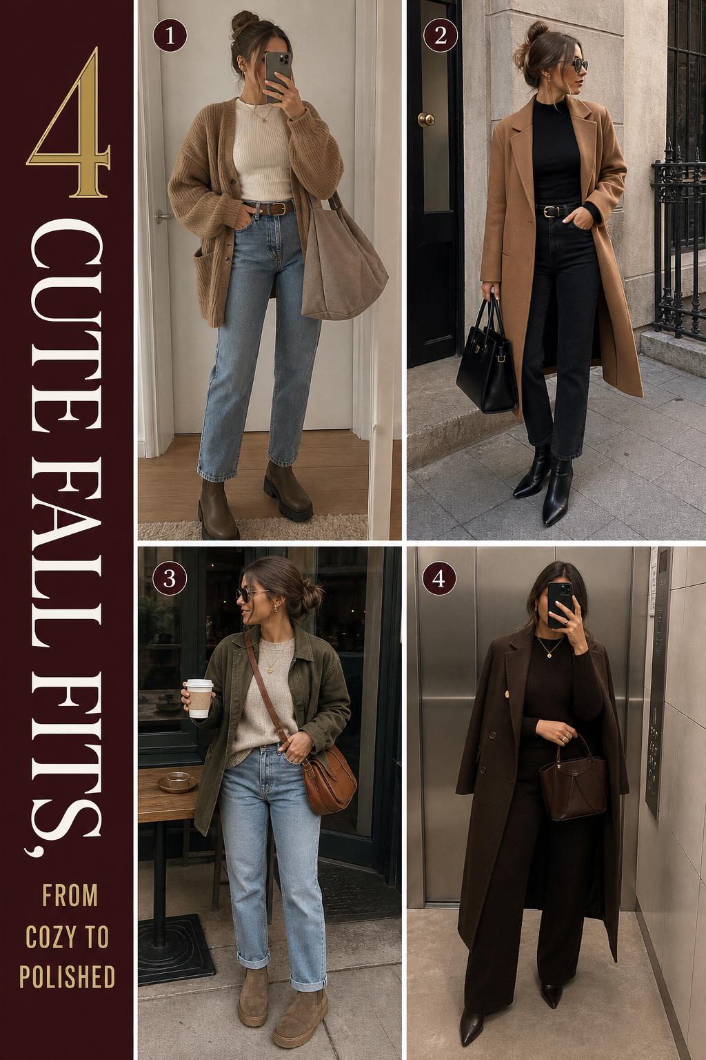 Cute fall fits outfit grid with 4 wearable early-fall looks in camel, cream, black, denim and cozy layered knits