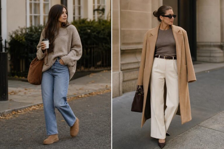 Cute fall fits with cozy knit sweater, straight jeans, and ankle boots styled with a structured coat on a crisp day