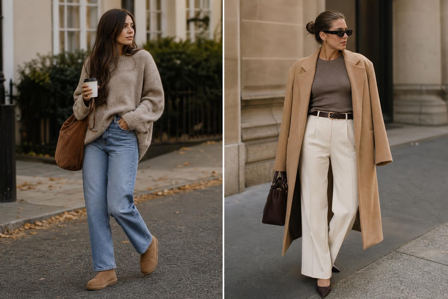 Cute fall fits with cozy knit sweater, straight jeans, and ankle boots styled with a structured coat on a crisp day