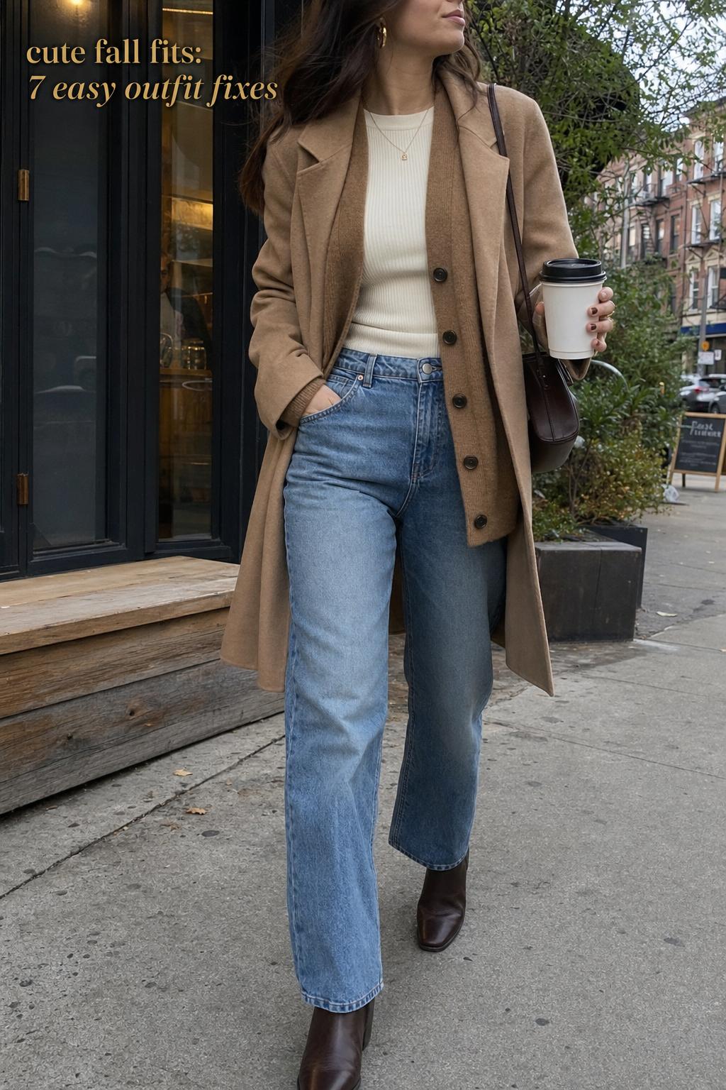 cute fall fits with cream knit top, camel coat and straight-leg jeans on a casual coffee run sidewalk snapshot
