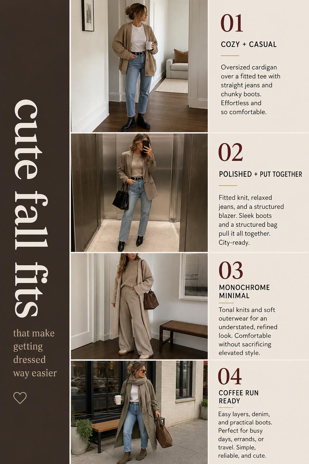 Cute fall fits outfit list with 4 early-fall layered looks in neutral tones, featuring knits, denim, coats, and boots.