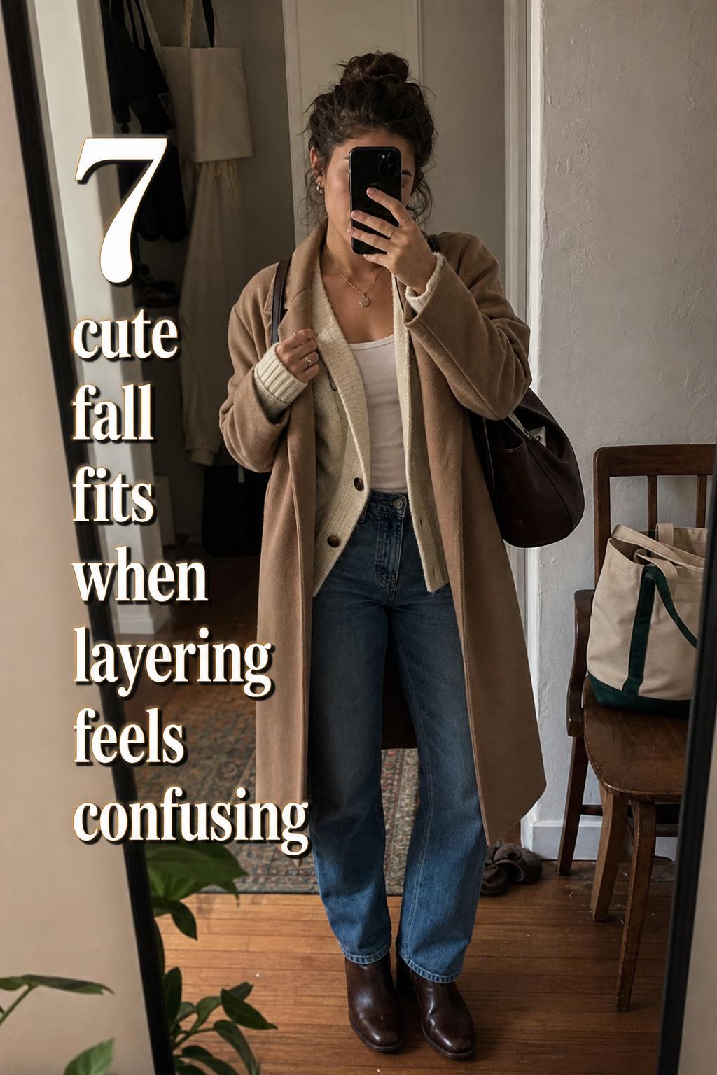 Mirror selfie of an everyday woman in jeans and camel coat with text overlay about cute fall fits in a lived-in apartment