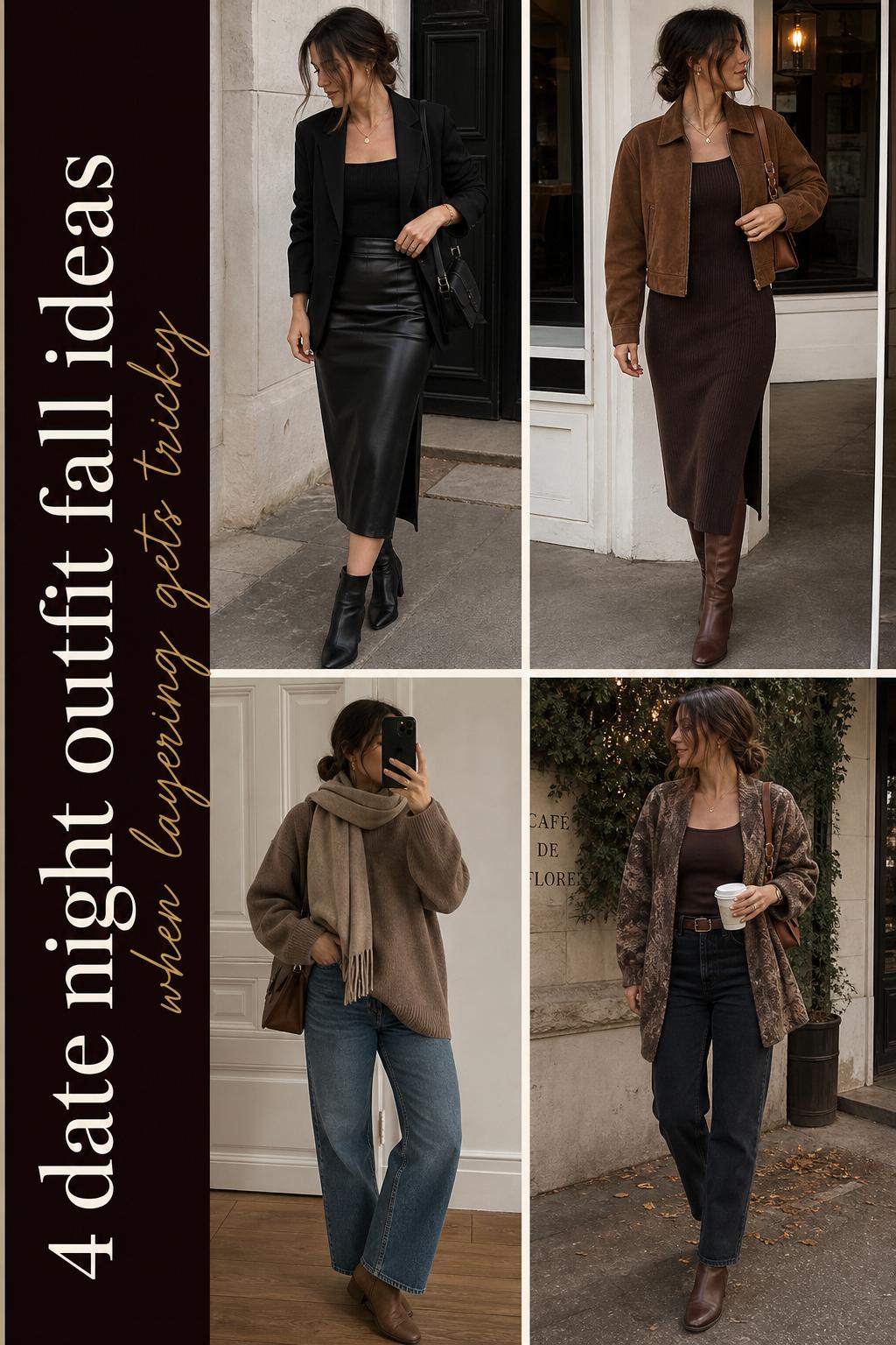 Date night outfit fall grid featuring four layered autumn looks with blazer, suede jacket, cozy sweater, and boots.