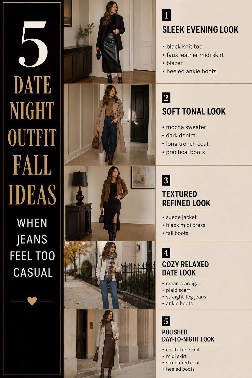 Date night outfit fall pin featuring 5 polished autumn looks in a clean checklist layout with boots, coats, knits, and skirts.
