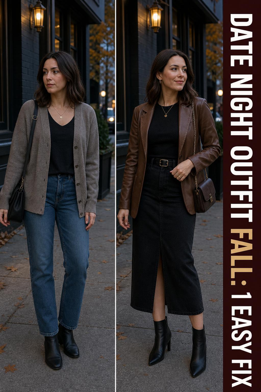 Date night outfit fall featuring a chic layered look with warm tones on a city street