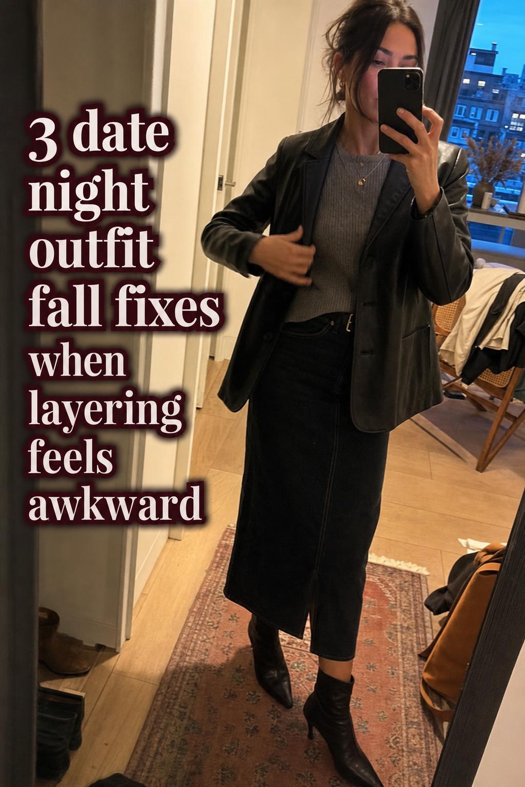 Date night outfit fall mirror selfie in messy apartment hallway, chic layered blazer and boots at dusk with text overlay