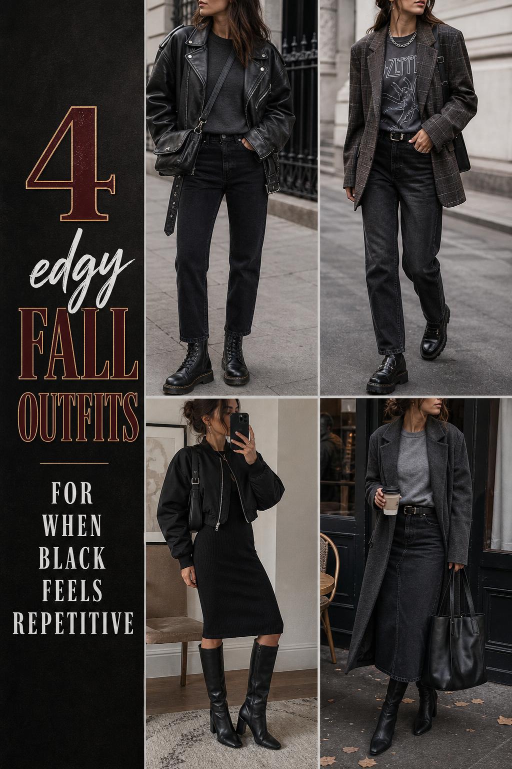 Edgy fall outfits grid with 4 urban-cool looks in black and charcoal, leather jacket, plaid blazer, knit dress and coat