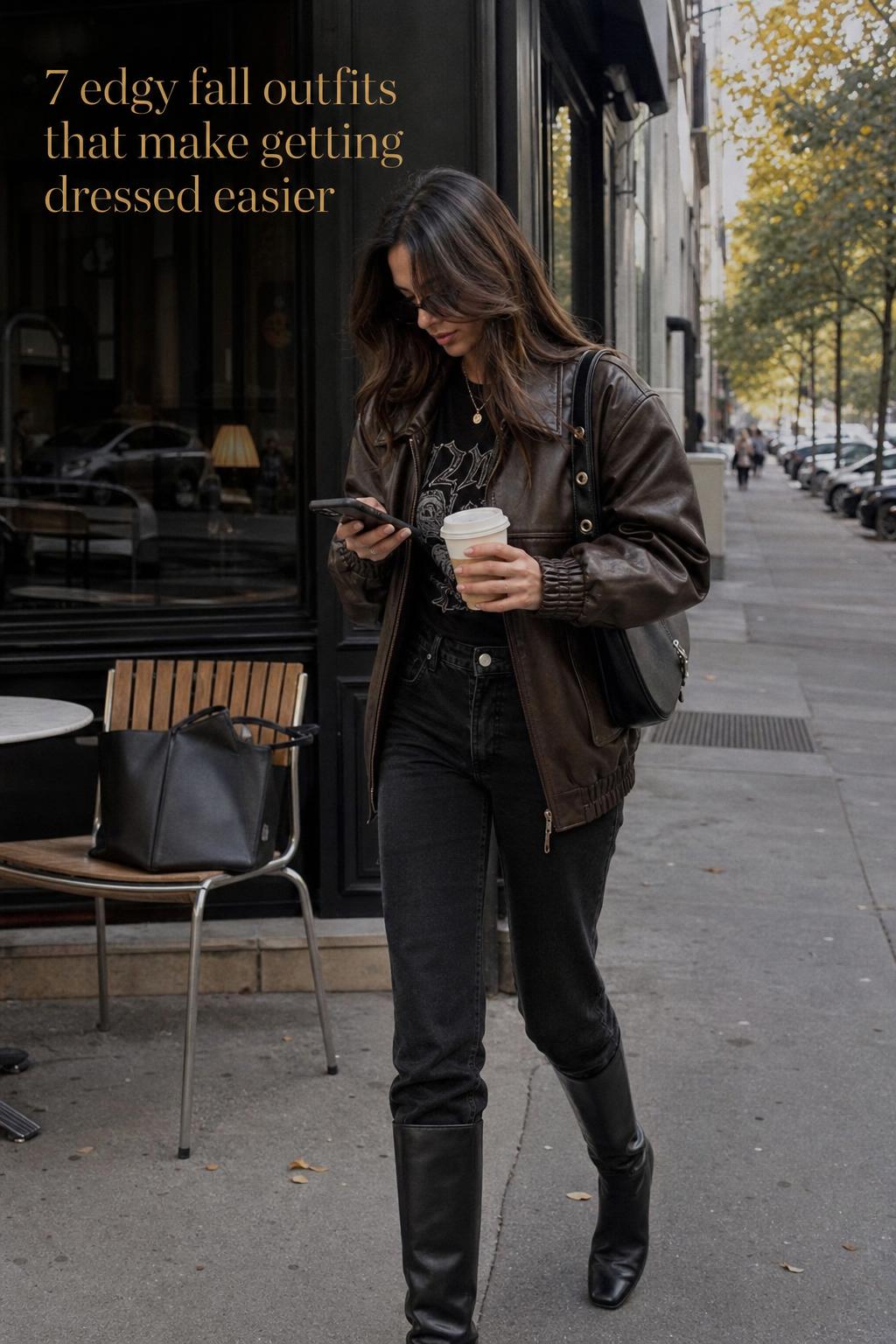 Candid street photo of a woman in edgy fall outfits outside a café, wearing black jeans, leather jacket and boots