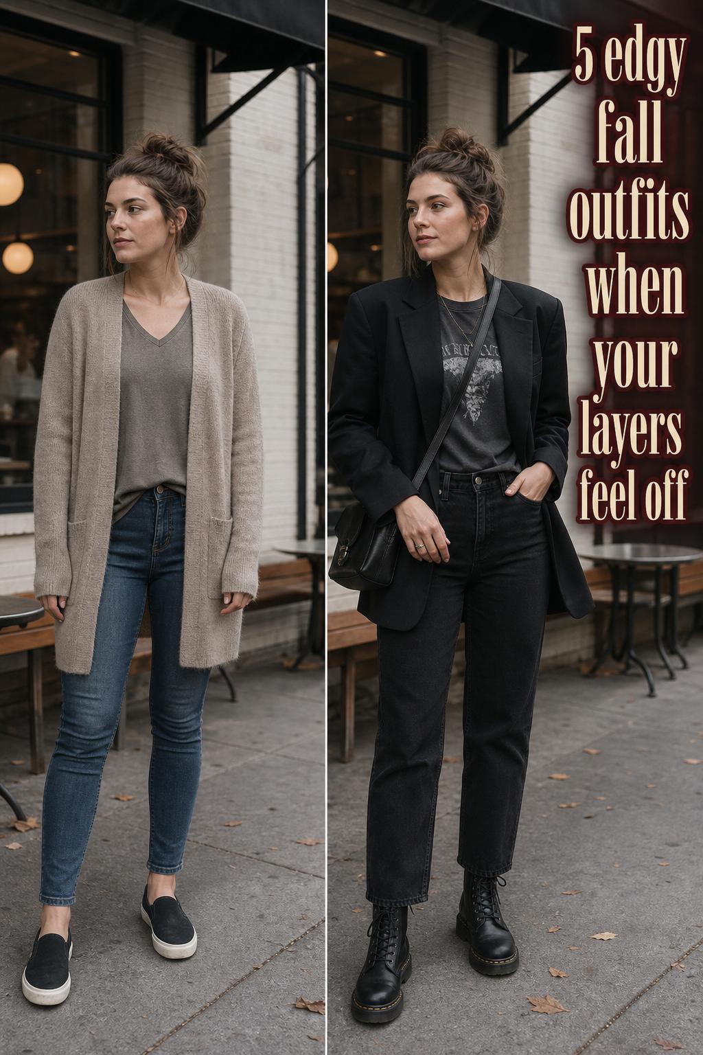 Model wearing edgy fall outfits with a leather jacket, layered knit, and ankle boots on a city street
