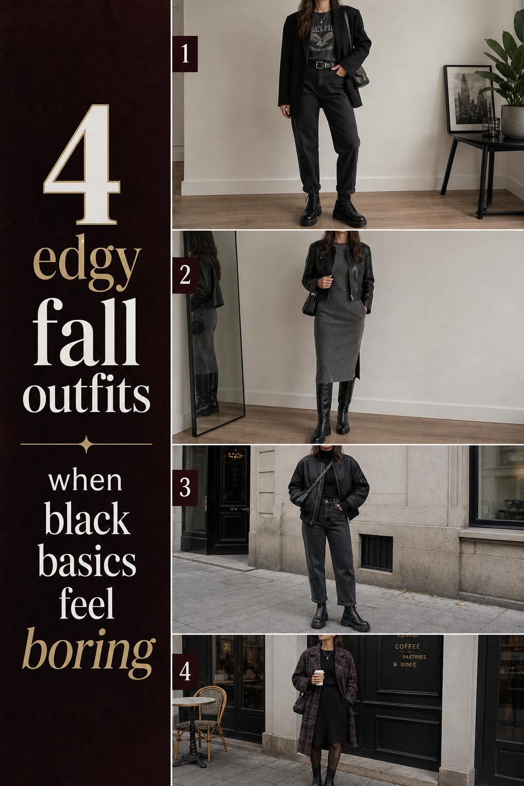 Edgy fall outfits Pinterest checklist showing 4 dark urban women’s looks with blazers, leather, plaid coats and boots