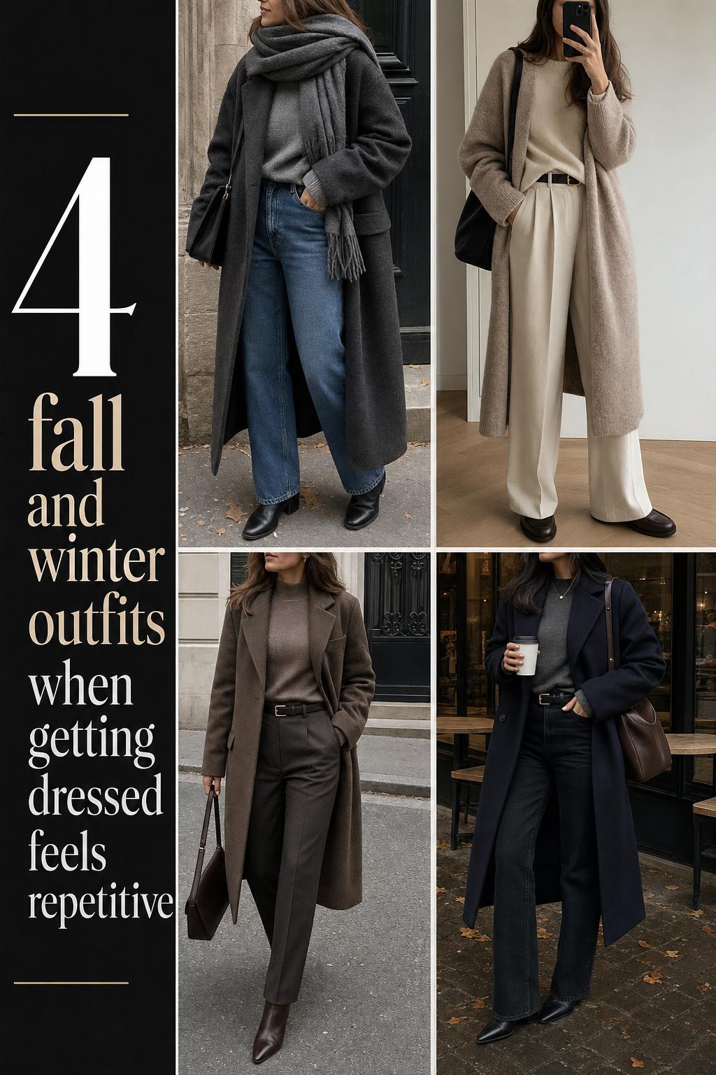 Fall and winter outfits grid with four women in neutral coats, knits, trousers and boots in a clean Pinterest layout