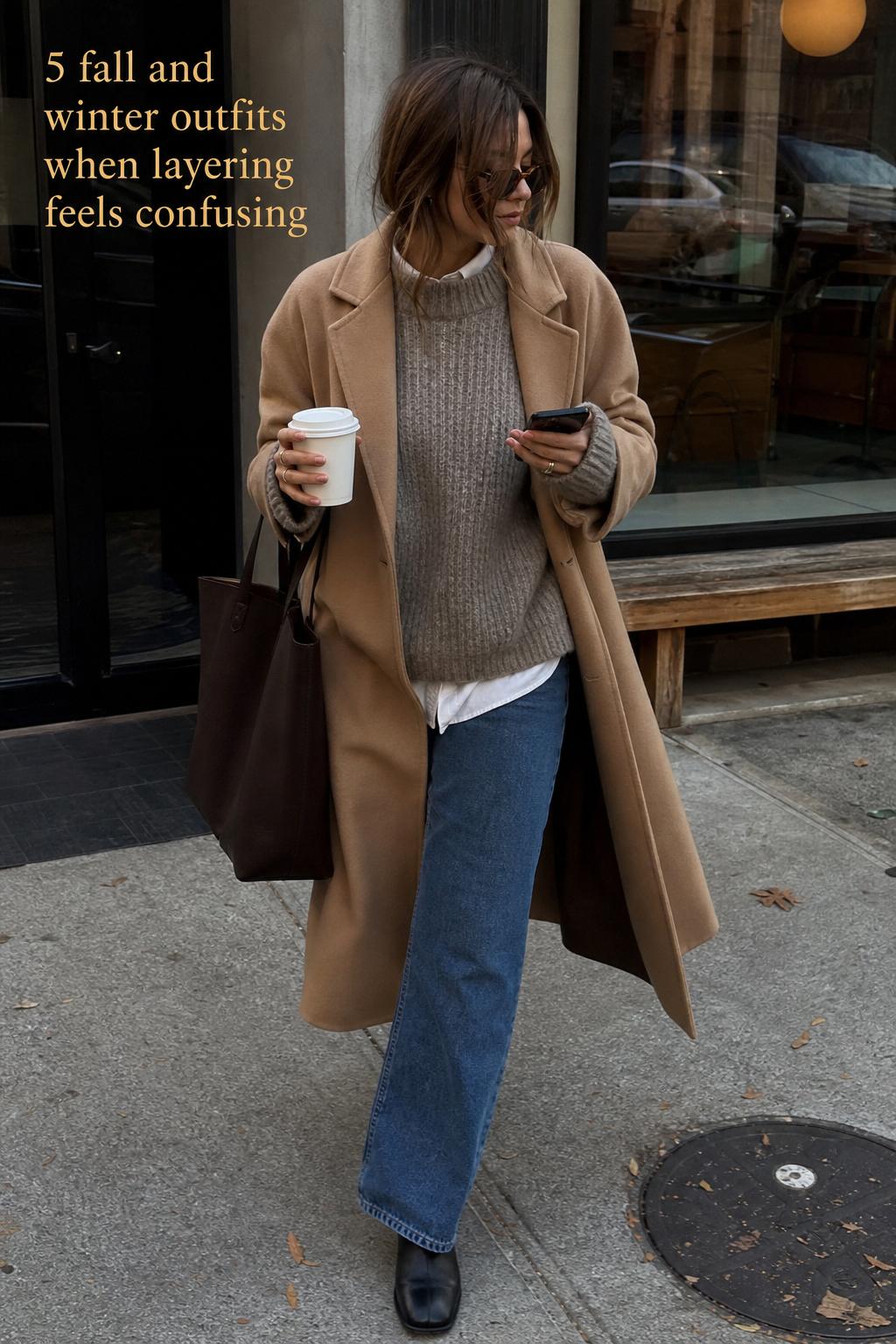 Woman walking outside a city café in layered coat and knit sweater, showcasing fall and winter outfits in motion