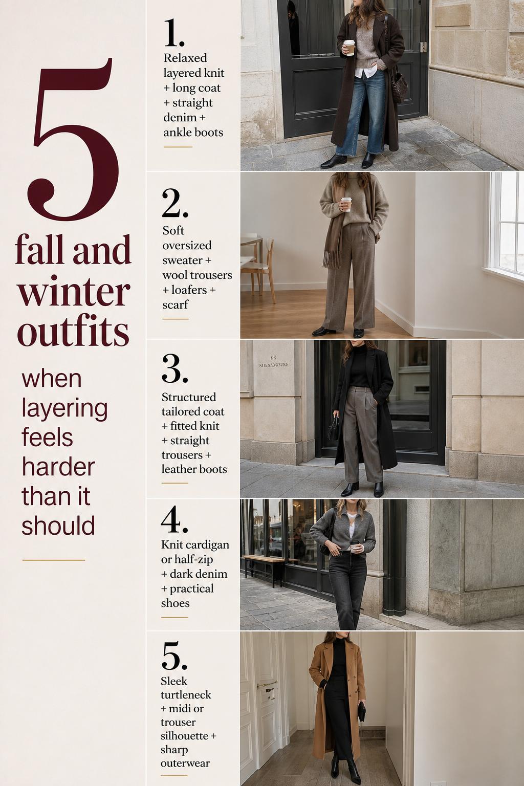 Pinterest checklist of fall and winter outfits with 5 cold-weather looks, from relaxed layering to polished coats and boots