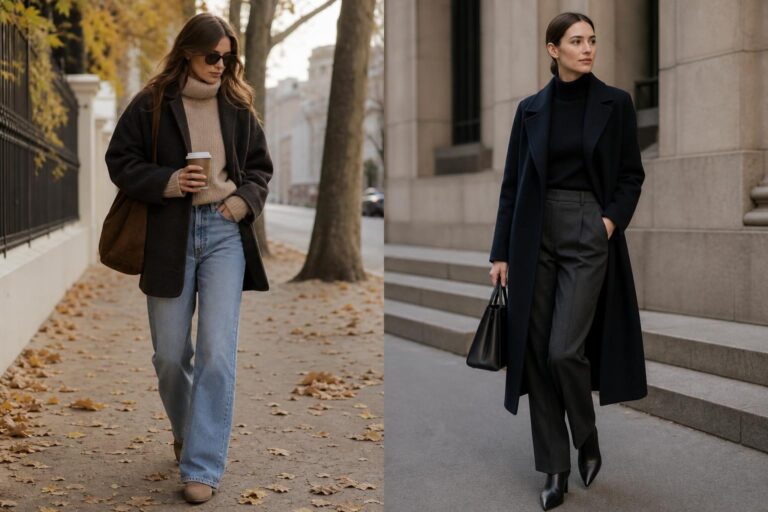 Fall and winter outfits featuring relaxed knit layers with a tailored coat and boots for a polished yet comfortable look