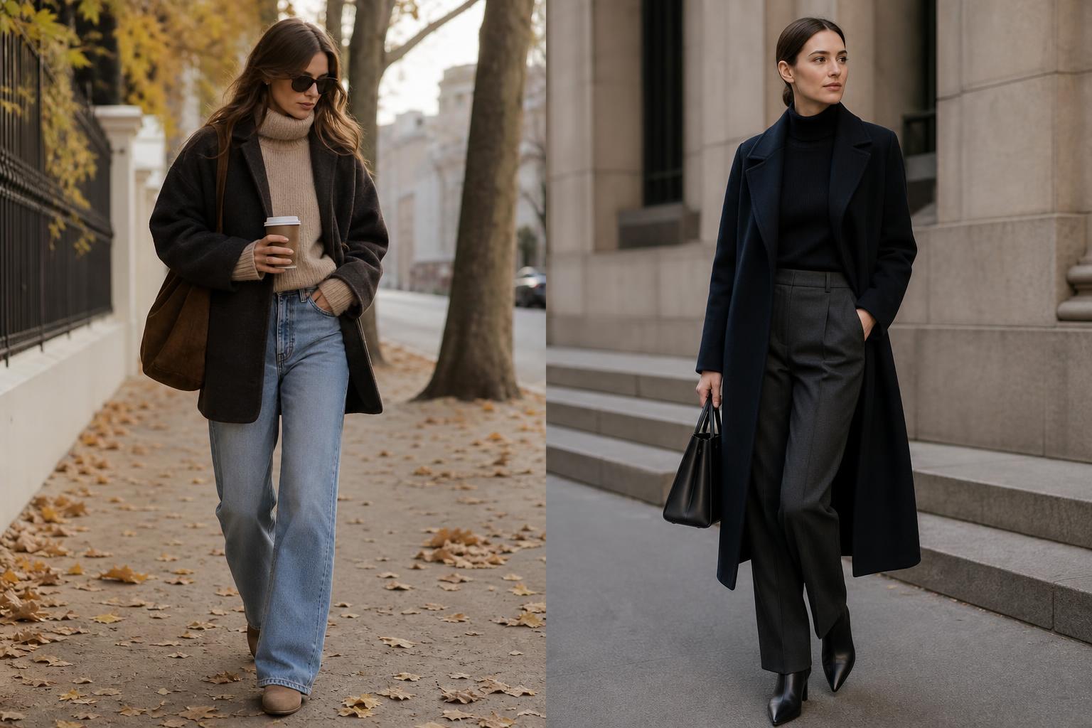 Fall and winter outfits featuring relaxed knit layers with a tailored coat and boots for a polished yet comfortable look