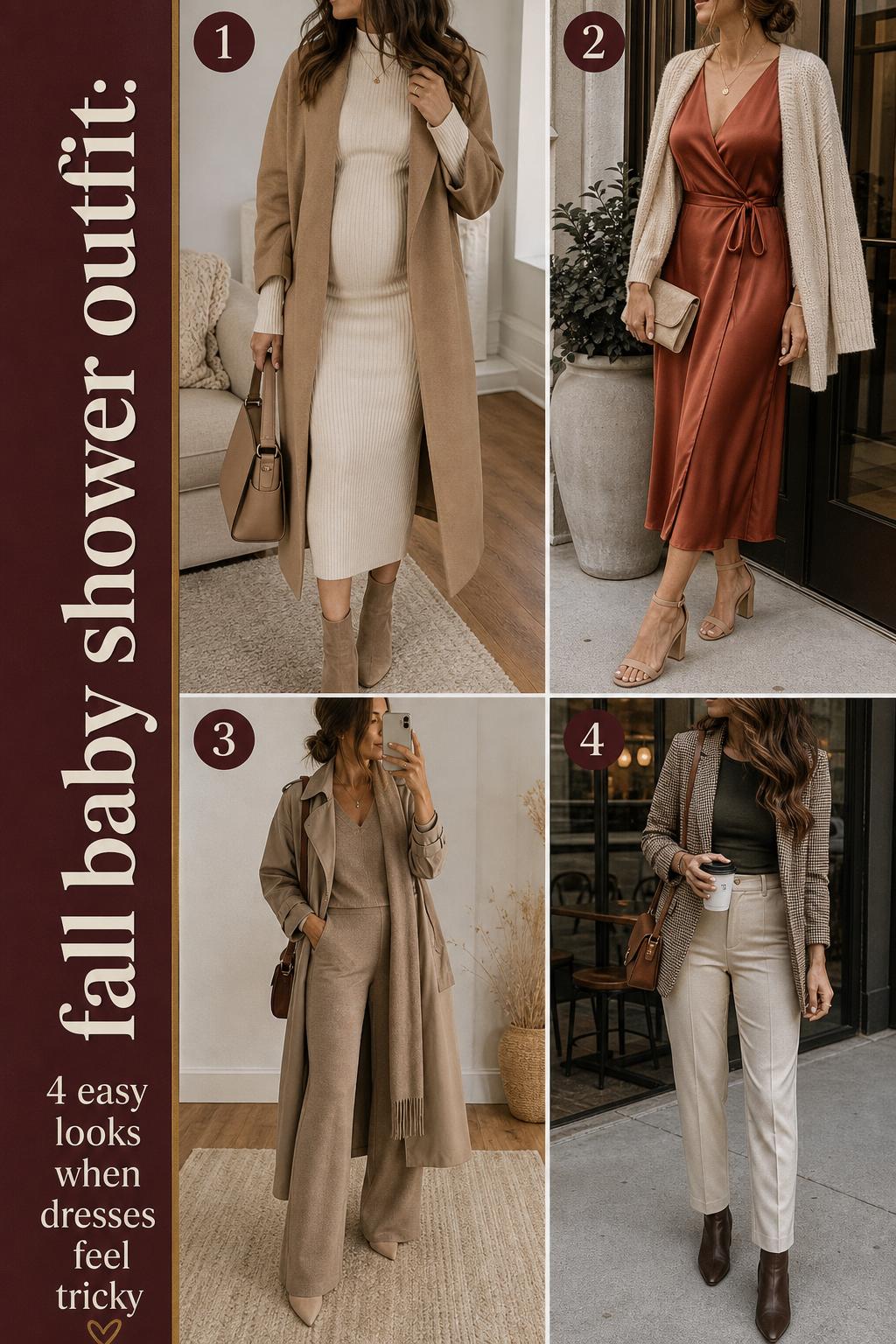 Fall baby shower outfit grid featuring 4 cozy elegant looks with knit dresses, wrap midi, trench layers, and boots.