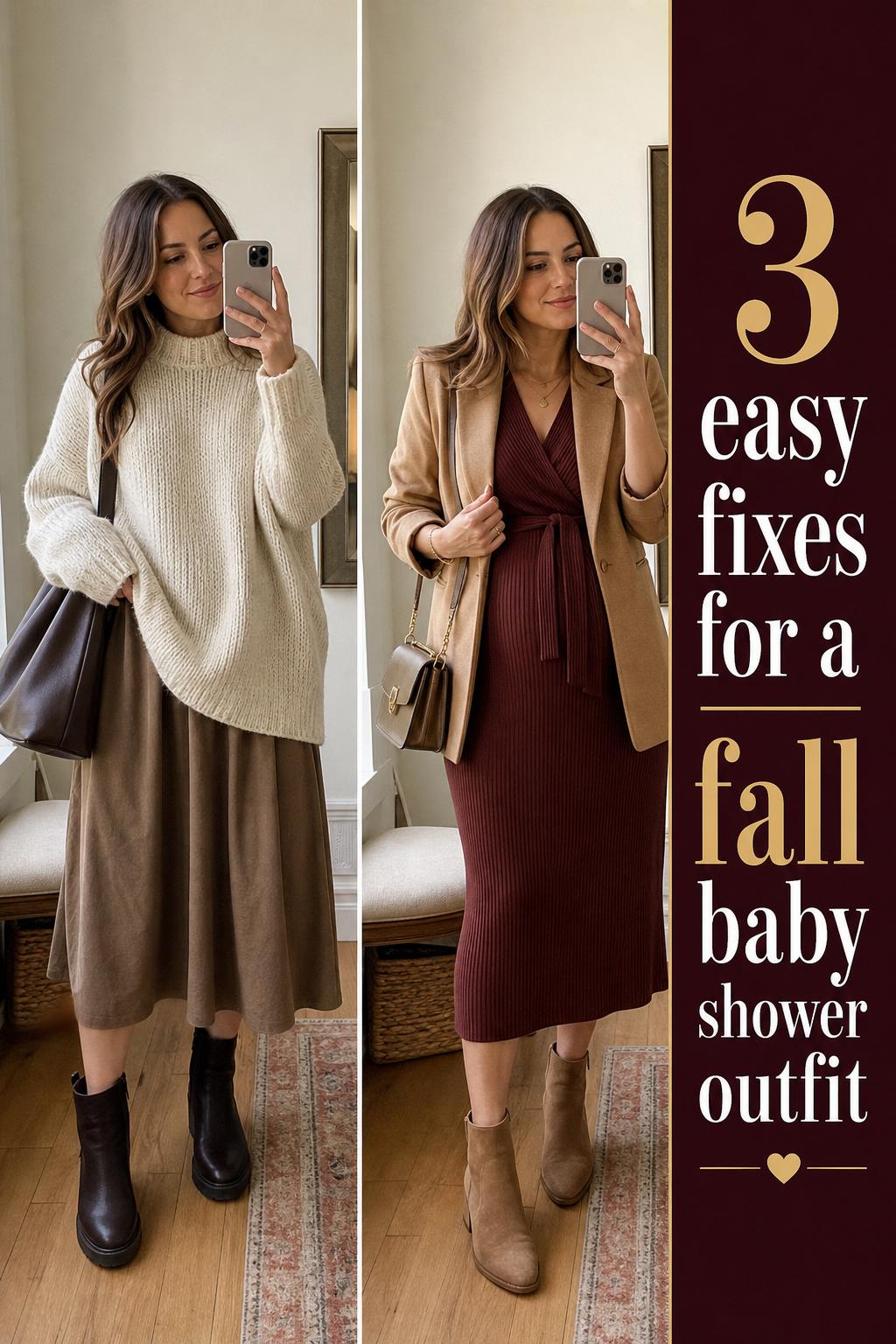 Fall baby shower outfit with cozy neutral dress, cardigan and ankle boots, styled for an autumn celebration.