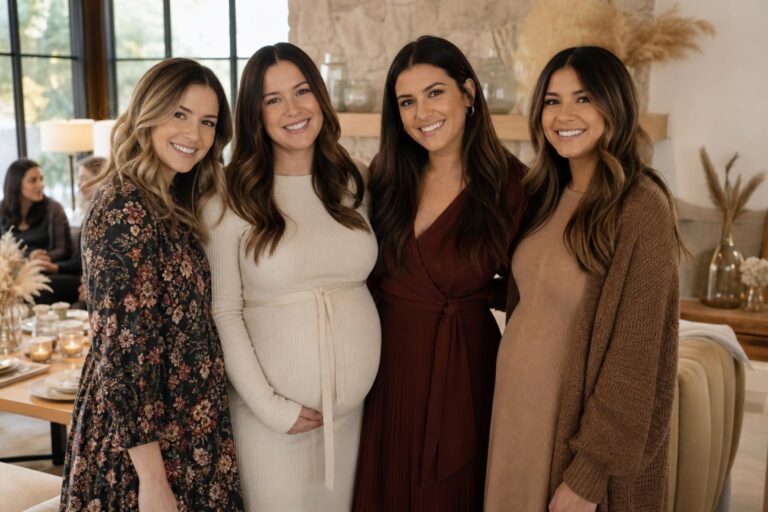 Fall baby shower outfit with a cream knit midi dress, camel trench coat, and ankle boots in soft autumn light
