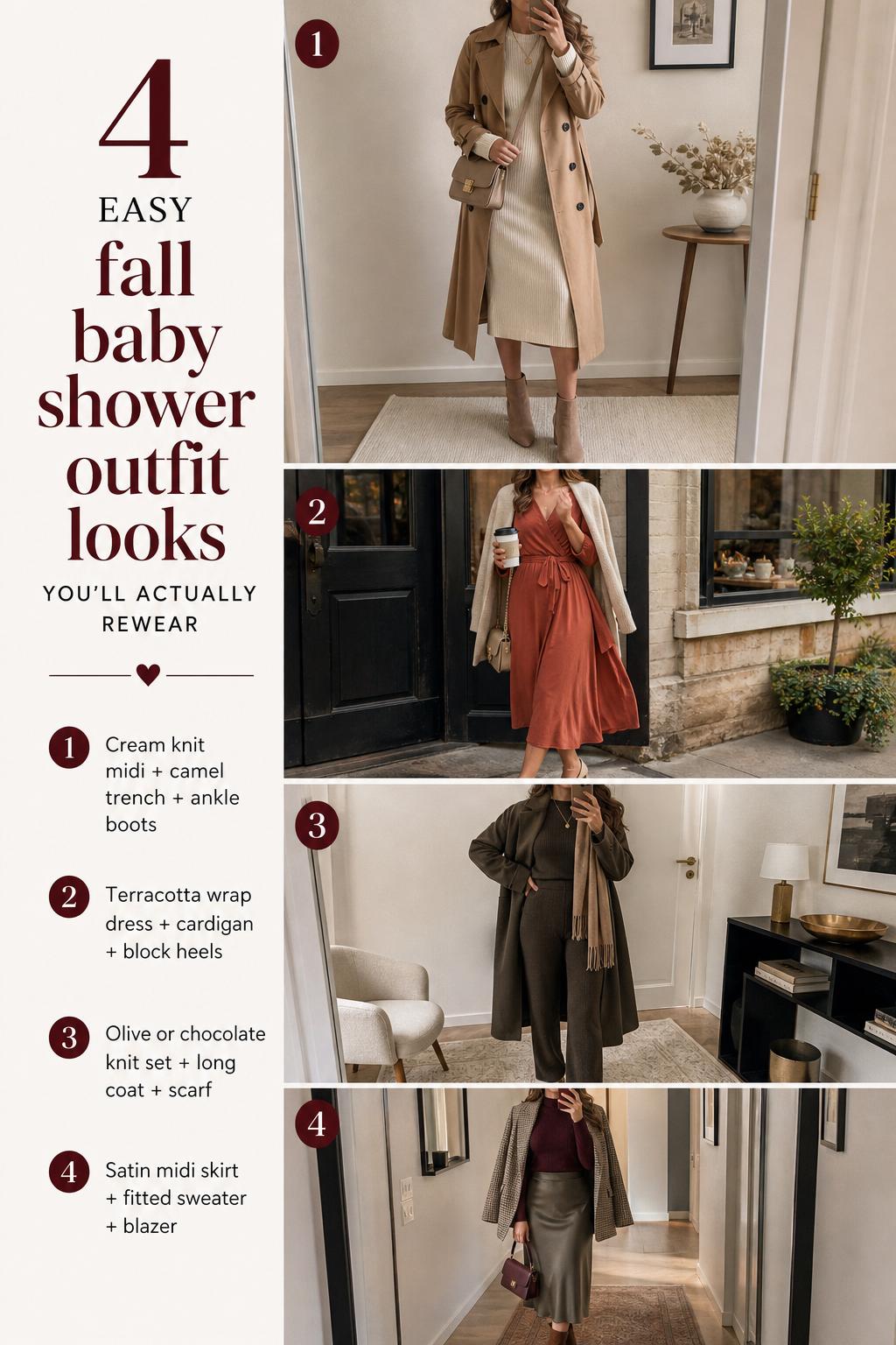 Fall baby shower outfit guide with four cozy elegant looks in muted autumn tones, shown in a clean Pinterest-style grid.