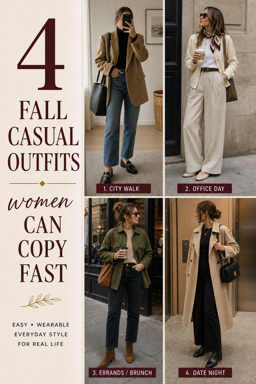 Fall casual outfits women outfit grid with 4 wearable early-autumn looks in neutral tones for work, errands, and date night
