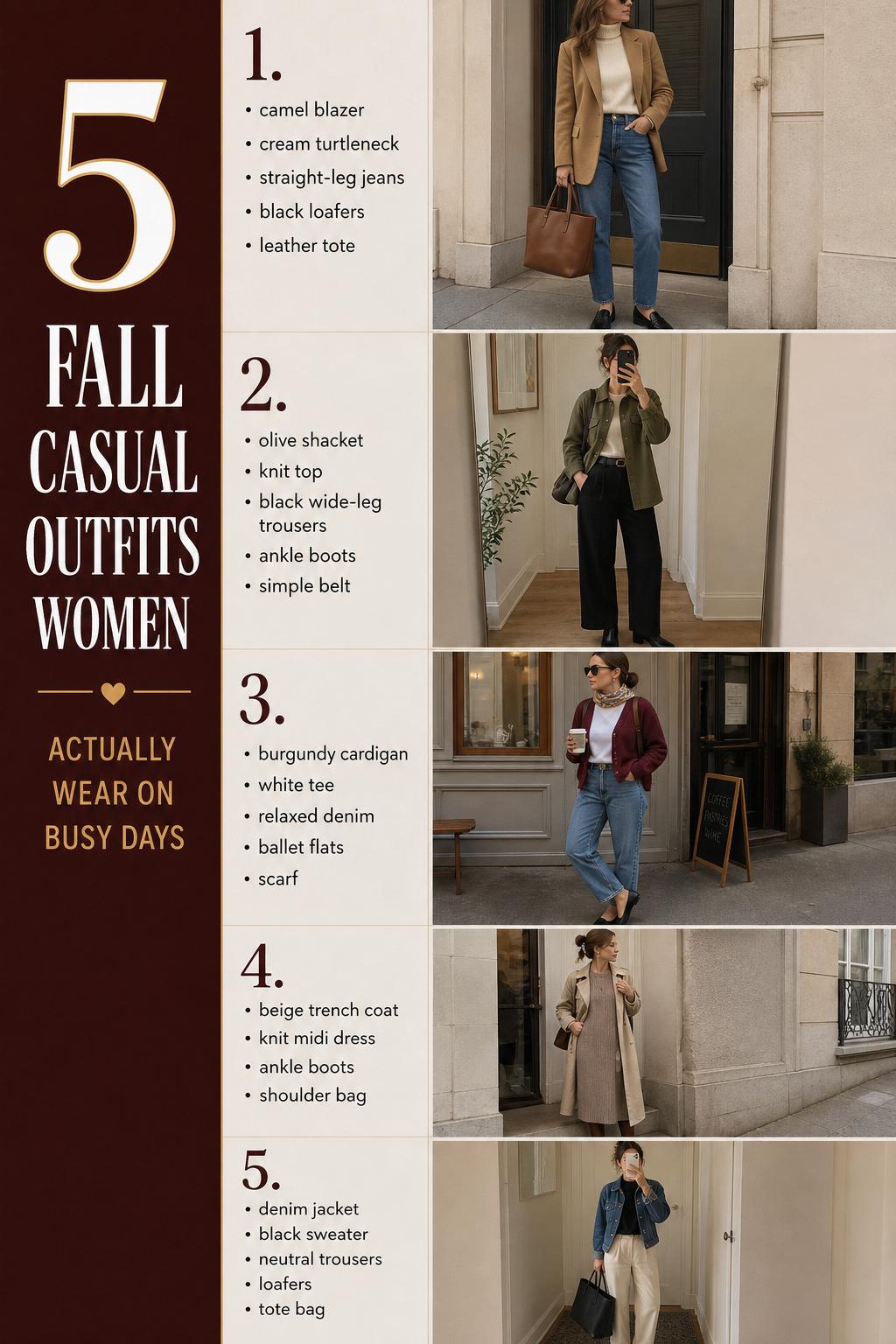 Fall casual outfits women checklist with 5 early-autumn looks featuring blazer, shacket, trench, denim, and knits.