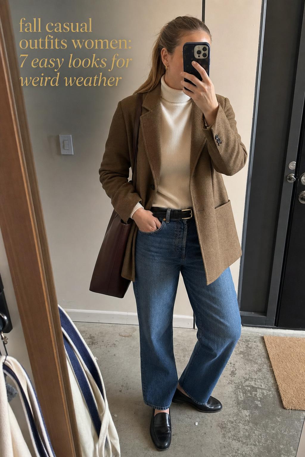 fall casual outfits women mirror selfie in apartment hallway wearing cream turtleneck, camel blazer, denim and ankle boots