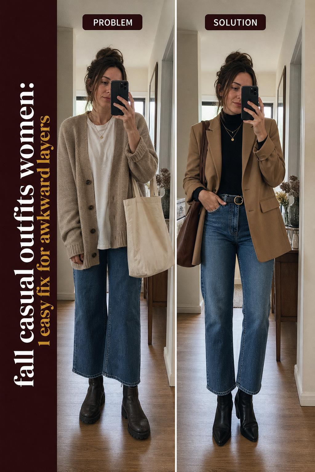 Fall casual outfits women wearing cozy sweaters and jeans on a city street