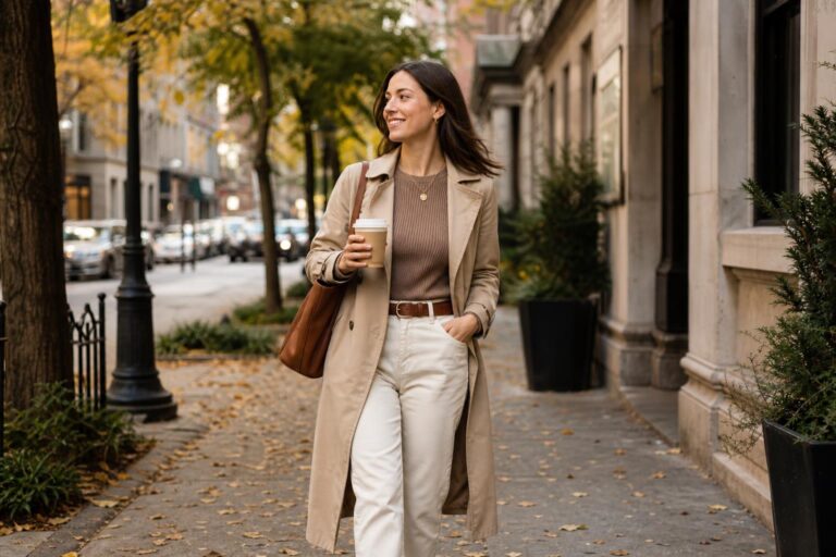 Fall casual outfits women love: knit sweater with denim jacket, wide-leg jeans, and ankle boots on an autumn street
