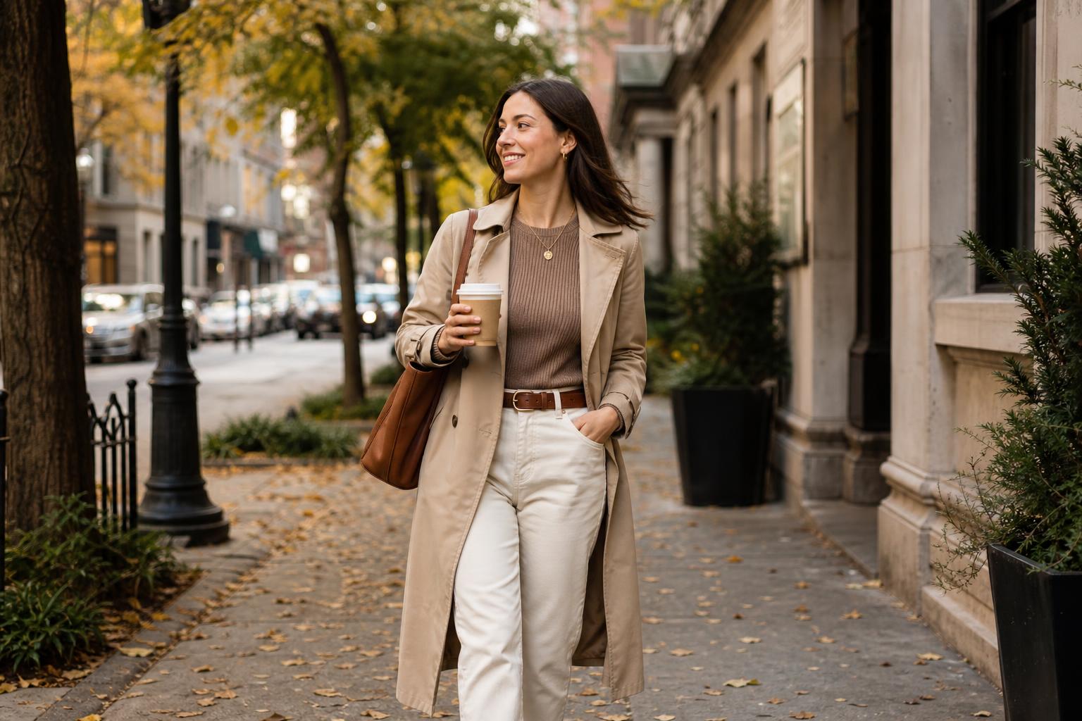 Fall casual outfits women love: knit sweater with denim jacket, wide-leg jeans, and ankle boots on an autumn street