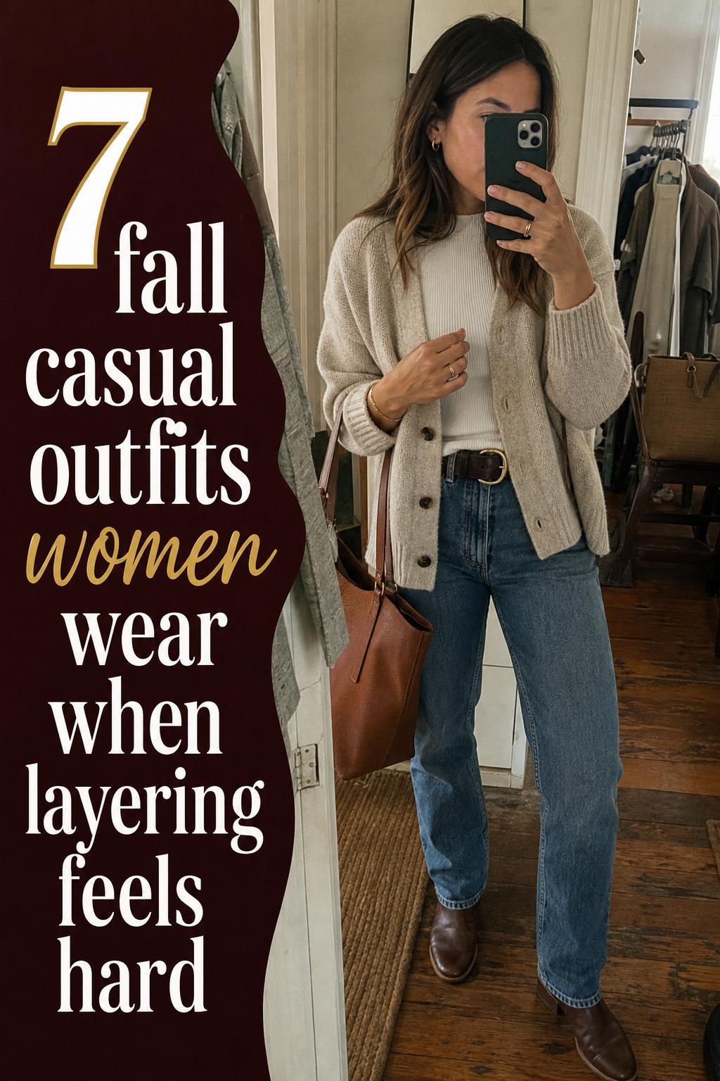 Mirror selfie in apartment hallway showing fall casual outfits women can copy, layered cardigan with jeans and ankle boots