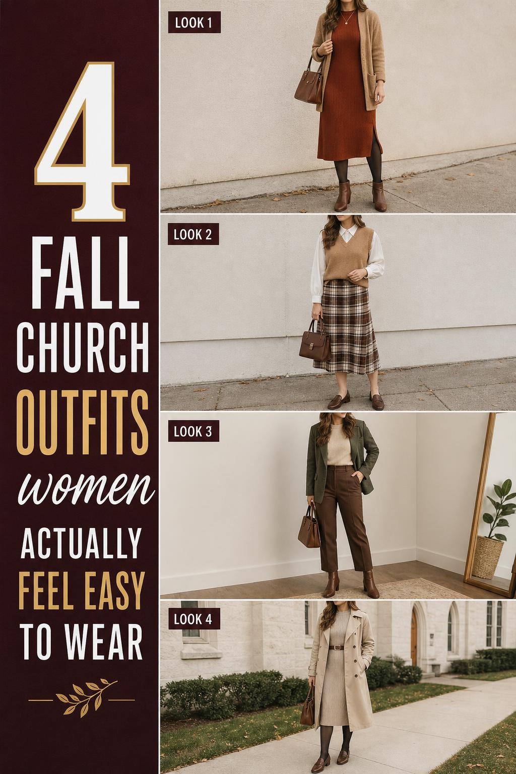 Fall church outfits women checklist with 4 modest autumn looks in a clean Pinterest-style vertical layout