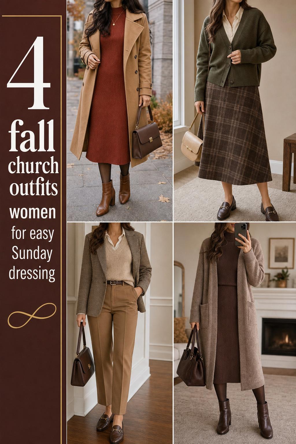 Fall church outfits women in a 4-panel grid featuring modest earth-tone dresses, skirts, trousers, coats, tights, and boots