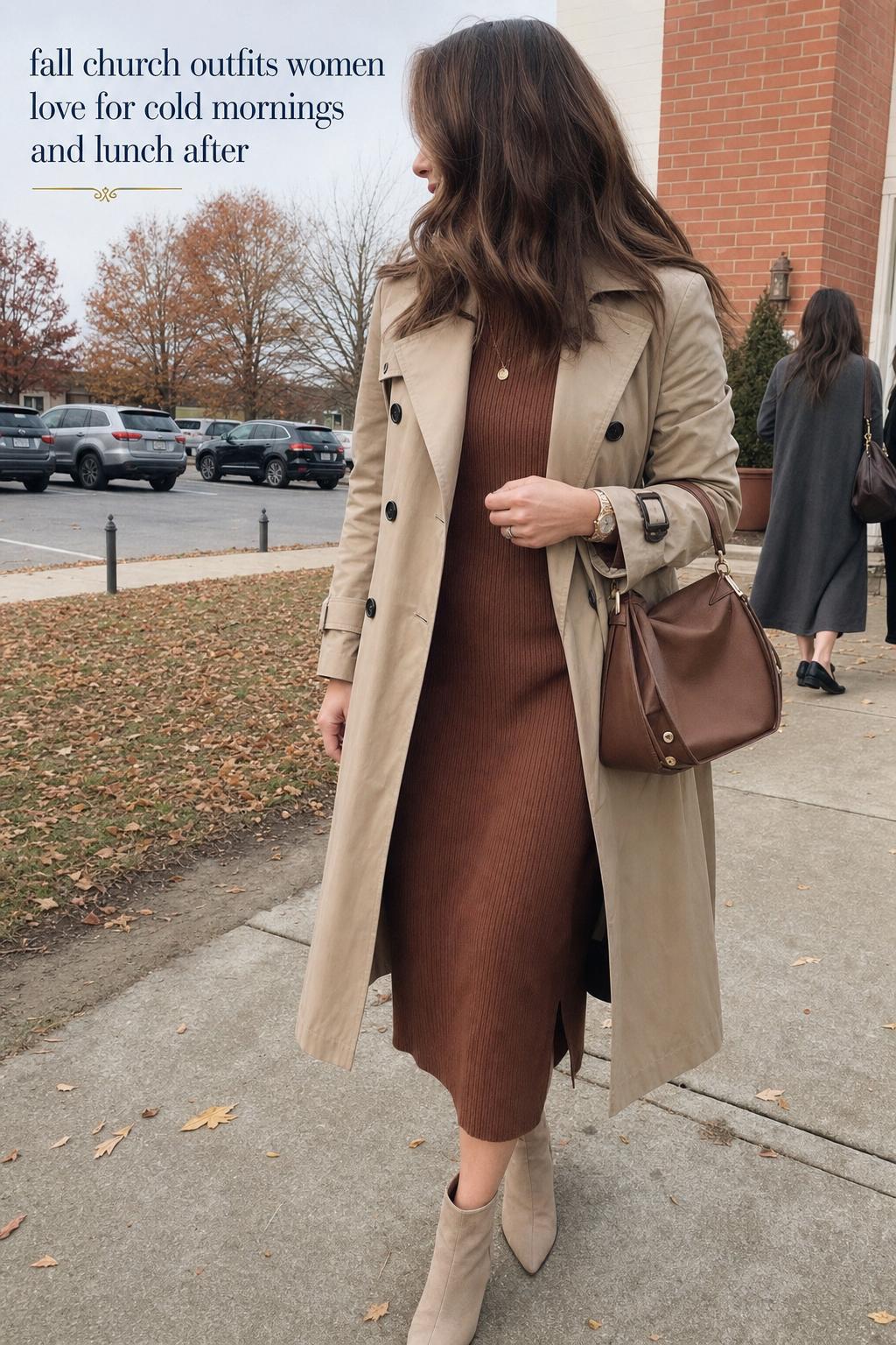 Candid autumn sidewalk photo of a woman in modest layers, showing fall church outfits women can wear after Sunday service