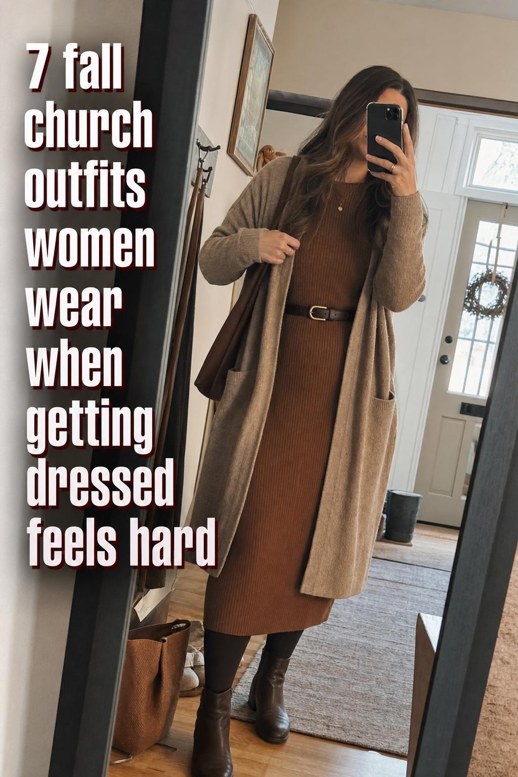 fall church outfits women mirror selfie in hallway, cardigan over knit midi dress with tights and ankle boots on a crisp fall morning