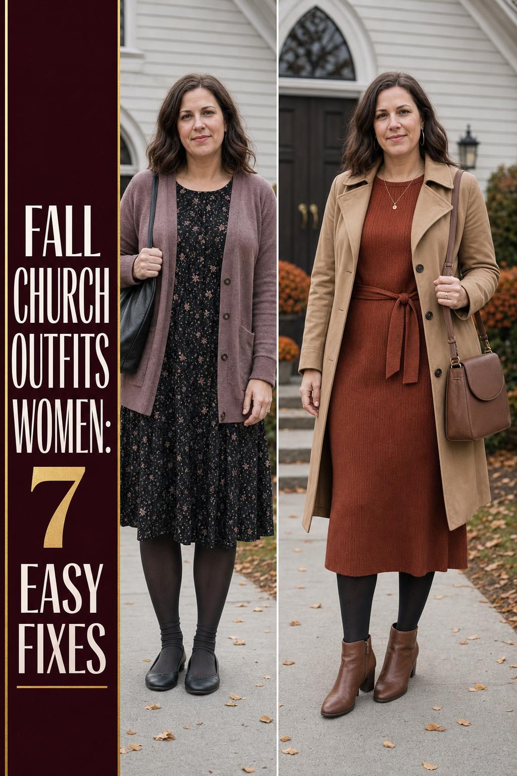 Fall church outfits women wearing a modest midi dress and wool coat outside a church in autumn