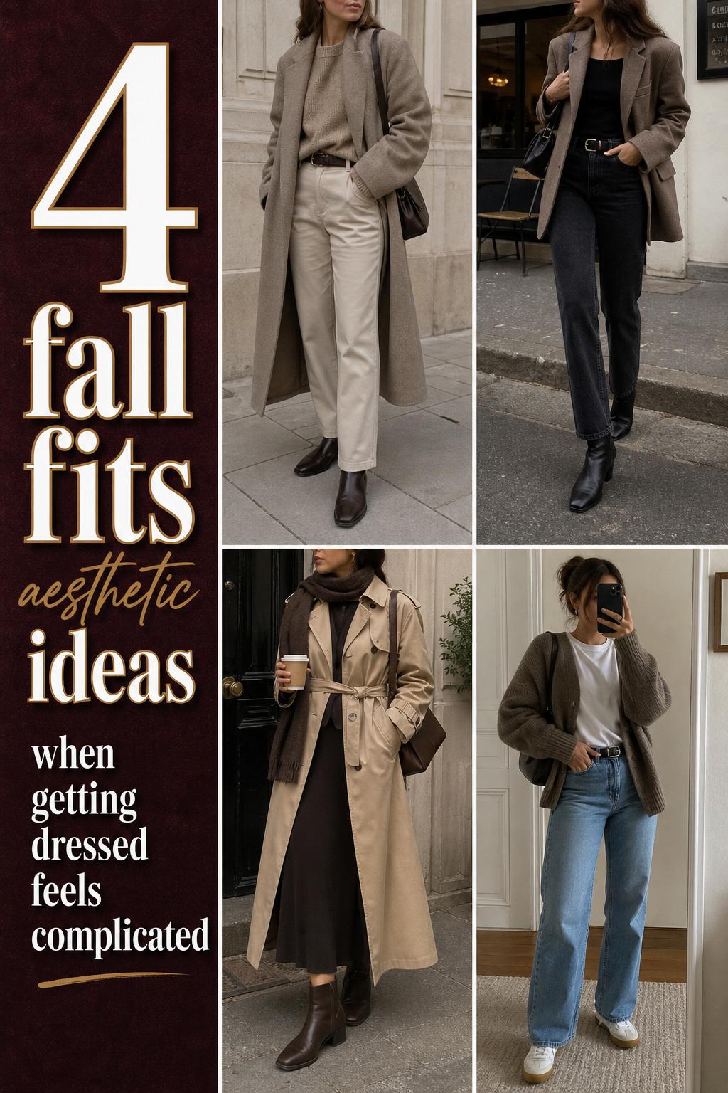 Fall fits aesthetic outfit grid with four neutral layered looks in real-life settings, featuring coats, blazers, denim, and knits.