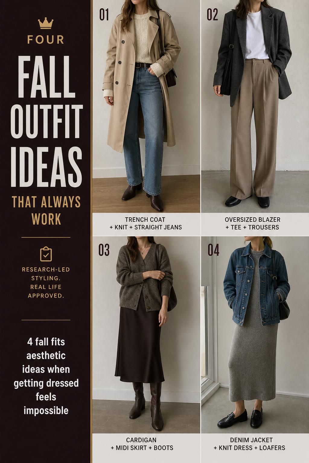 Fall fits aesthetic pin showing 4 practical women’s autumn outfit ideas in a clean list layout with neutral layers.